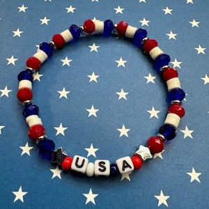 USA Bracelet American Patriotic America Red White Blue Block Letter Jewelry